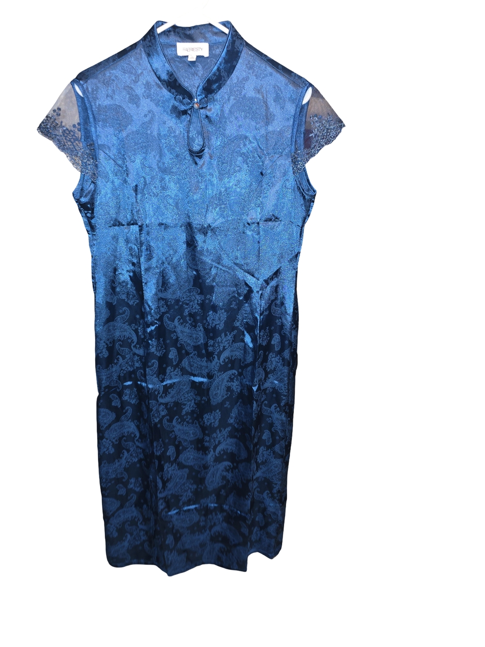 Cheongsam-Style Midi Dress in Navy Blue